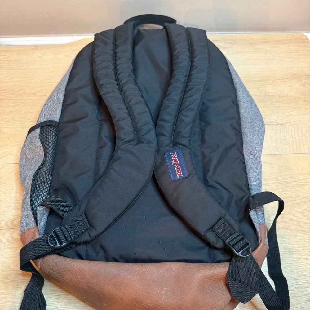 JanSport Cool Student Backpack Heathered Grey Brown Faux Leather Laptop Bag 34L
